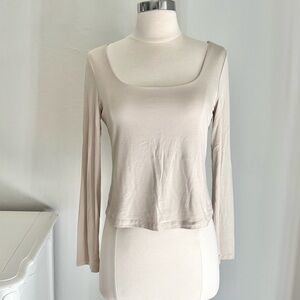 Mahina Taupe Square Neck Double Layered Long Sleeve Top, Large